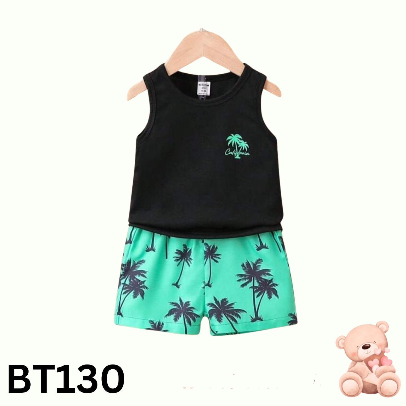 Baby Sleeveless T-Shirt Set(Black and Print Paste)