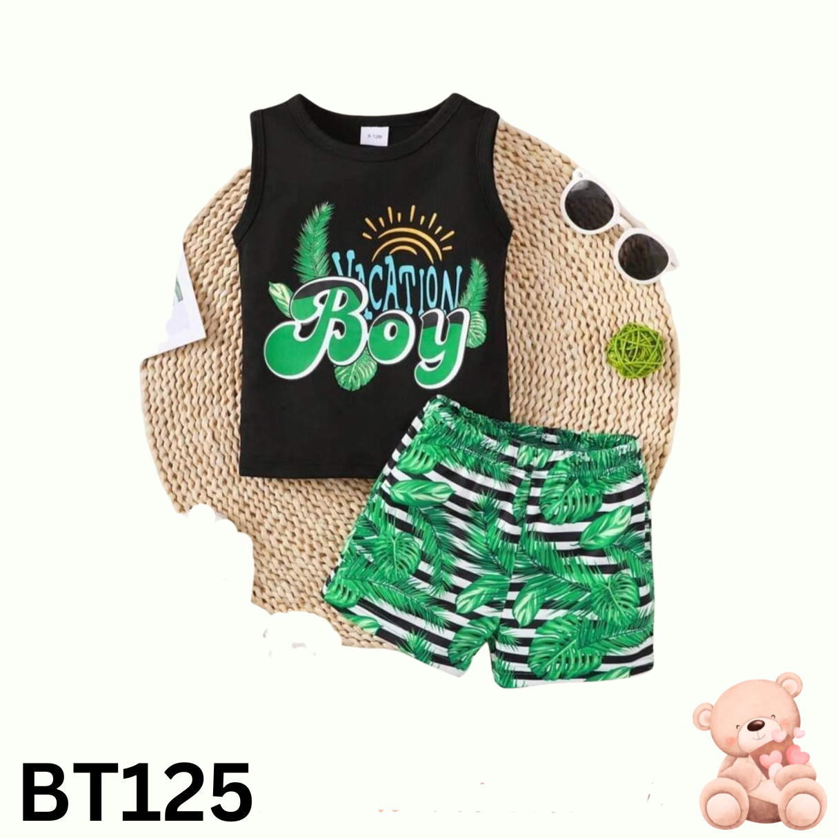 Baby Sleeveless T-Shirt Set(Black and Print)